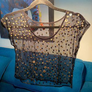 Cropped Beaded Mesh Top